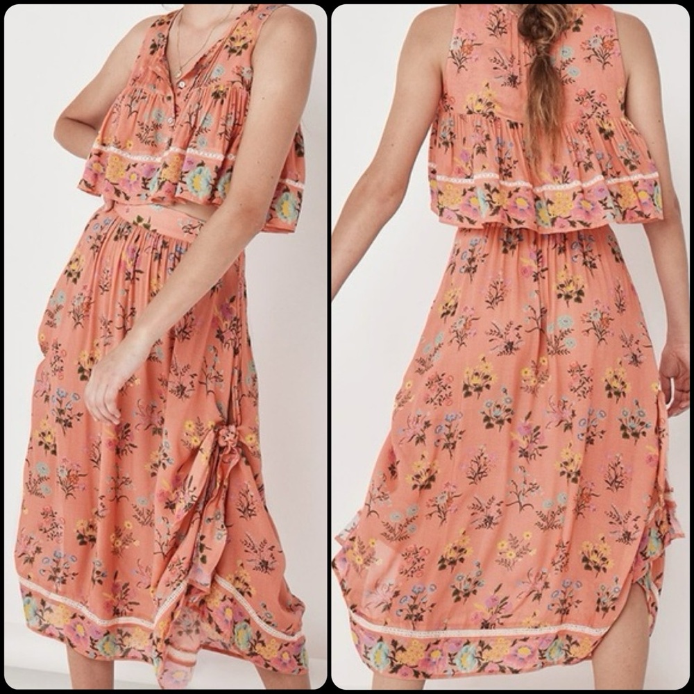 EUC Spell & the Gypsy Collective Peach Posy Tie Side Midi Skirt